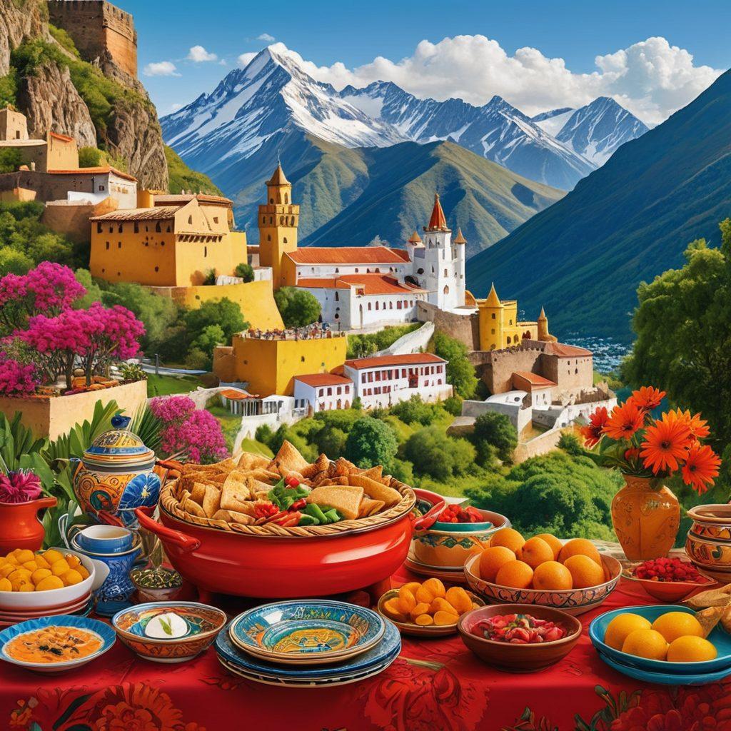 A vibrant collage that showcases traditional Castillo dishes interwoven with adventurous travel elements, such as a lush landscape with a mountain backdrop, a brightly colored food cart, and locals sharing recipes. Include traditional cooking utensils and decorative patterns inspired by Castillo culture. Emphasize a warm, inviting atmosphere. vibrant colors. vector art.