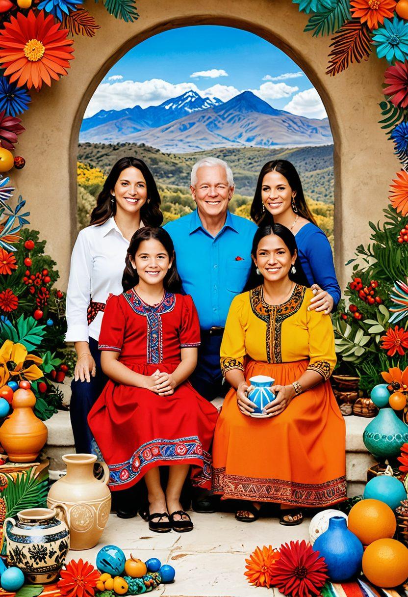 A vibrant collage showcasing diverse Castillo family traditions, featuring colorful cultural artifacts, lively family gatherings, and scenic outdoor adventures. Include traditional attire and festive decorations, with warm, inviting colors highlighting the essence of family bonds and heritage. Capture a digital diary essence with overlayed handwritten notes and snapshots. super-realistic. vibrant colors. white background.