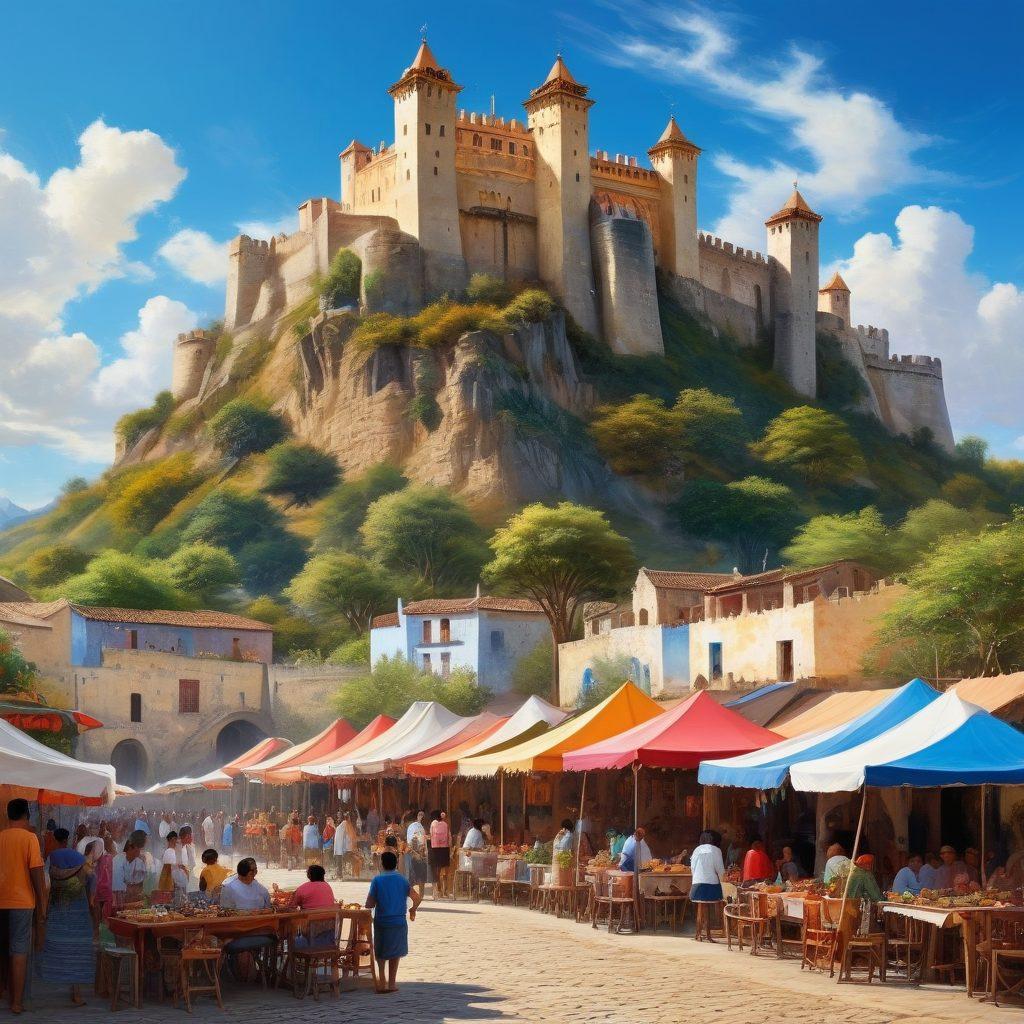 A vibrant illustration showcasing a traditional Castillo village scene, bustling with local people engaging in cultural activities, colorful murals on the walls, and traditional food stands. The backdrop features a majestic Castillo fortress under a bright blue sky, adorned with festive decorations that represent the spirit of the culture. Rich textures and warm colors bring life to the overall scene, evoking a sense of community and heritage. super-realistic. vibrant colors. painting.